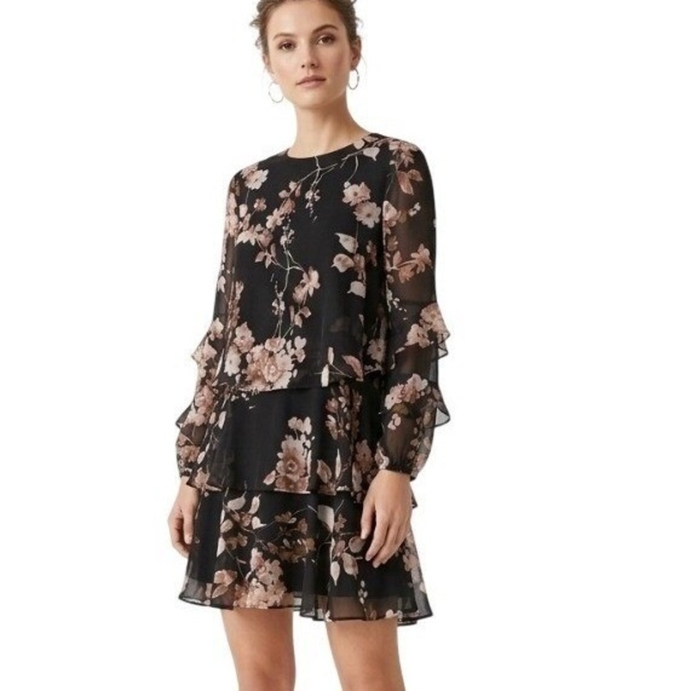 Taylor Dress Women's 6‎ Black Floral Chiffon Ruffle Bell Sleeve Swing Mini Party